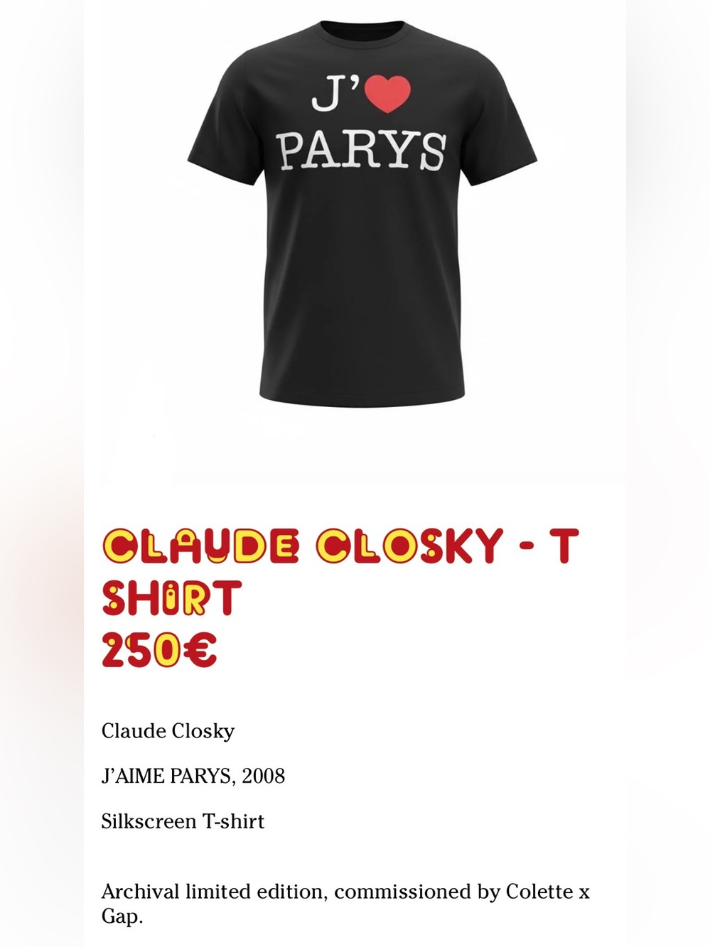 Colette x GAP Limited Edition - I ❤️ Parys T-shirt - New with Tags